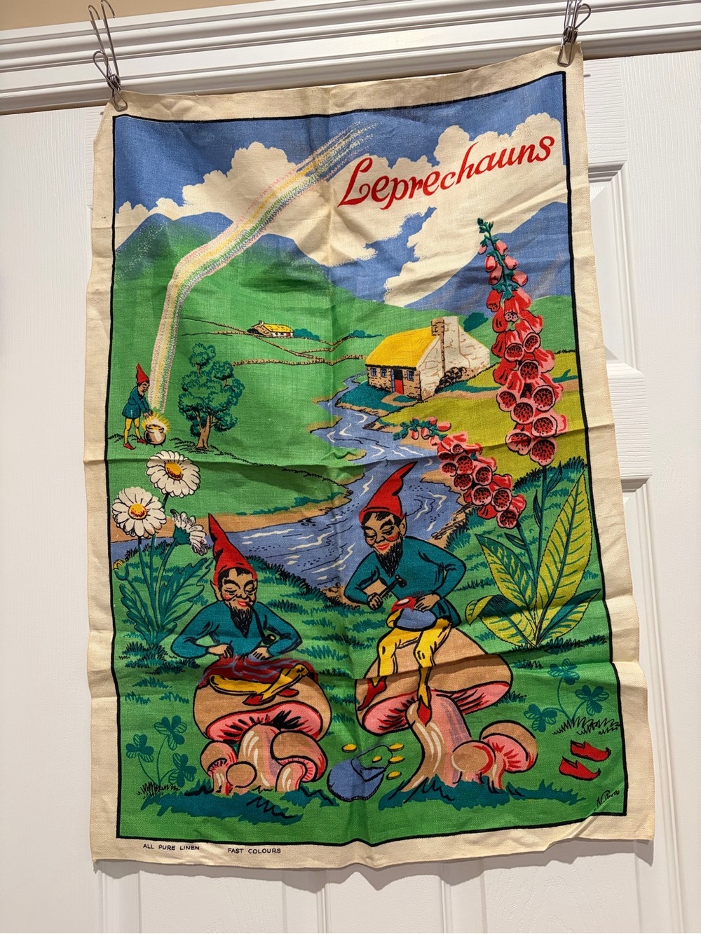 Vintage Leprechauns Linen Tea Towel — Green, Blue & Red